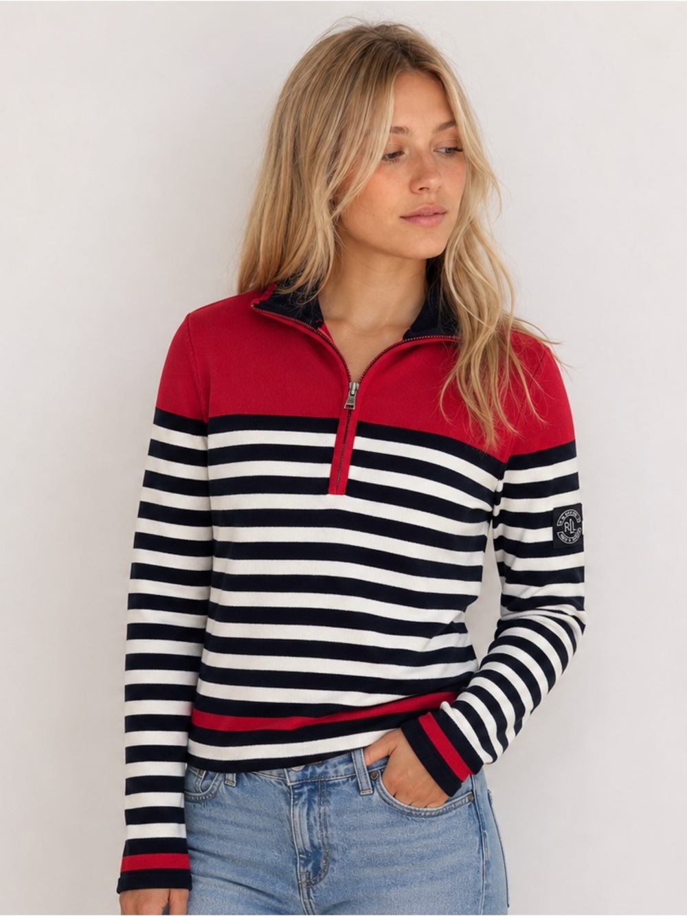 Lauren Ralph Lauren Striped Quarter Zip Sweater Nautical Preppy M